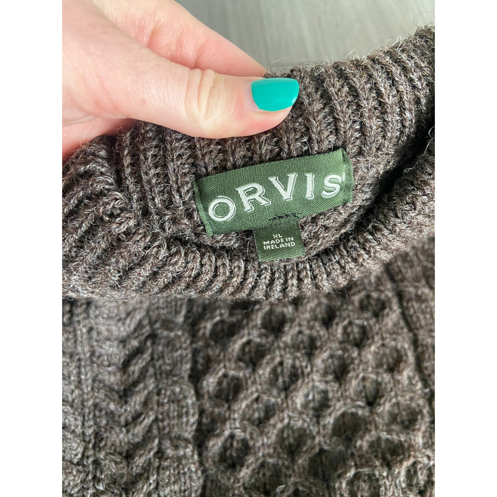 Orvis Wool Sweater Mens XL Brown Cable Knit Crewneck Ireland Fishermans Vtg - Picture 2 of 4